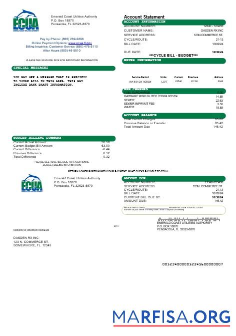 Blank USA ECUA business utility bill template in Word and PDF formats
